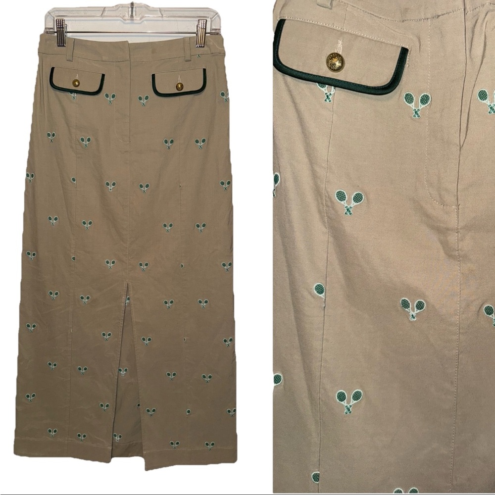 Anthropologie Tennis Ratchet Print Slit Front Khaki Maxi Skirt Small